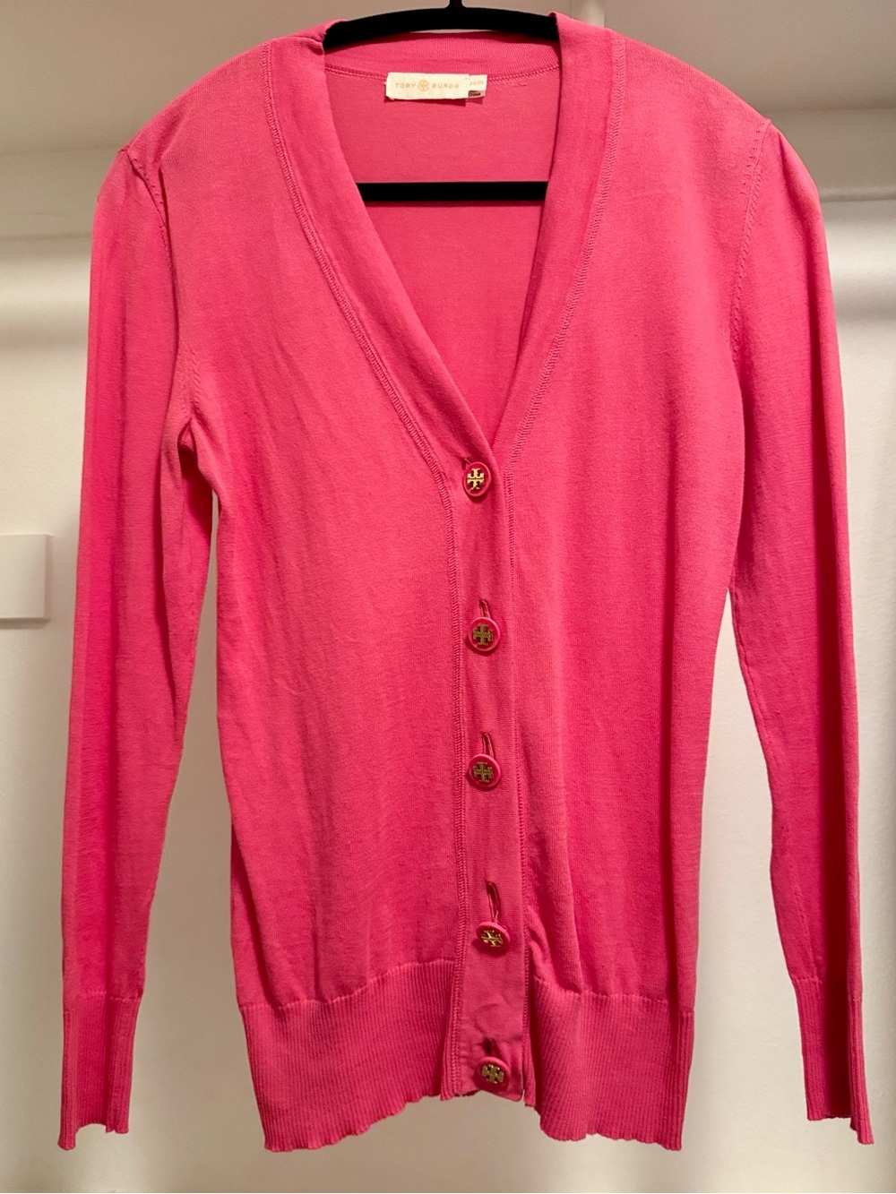 Tory Burch Pink Logo Button V-Neck Cardigan